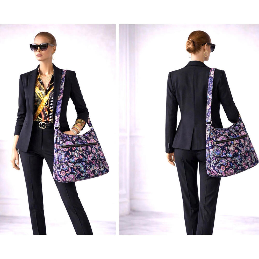 Vera Bradley Quilted Paisley Shoulder Bag Black Purple Floral Zip Purse NWT New